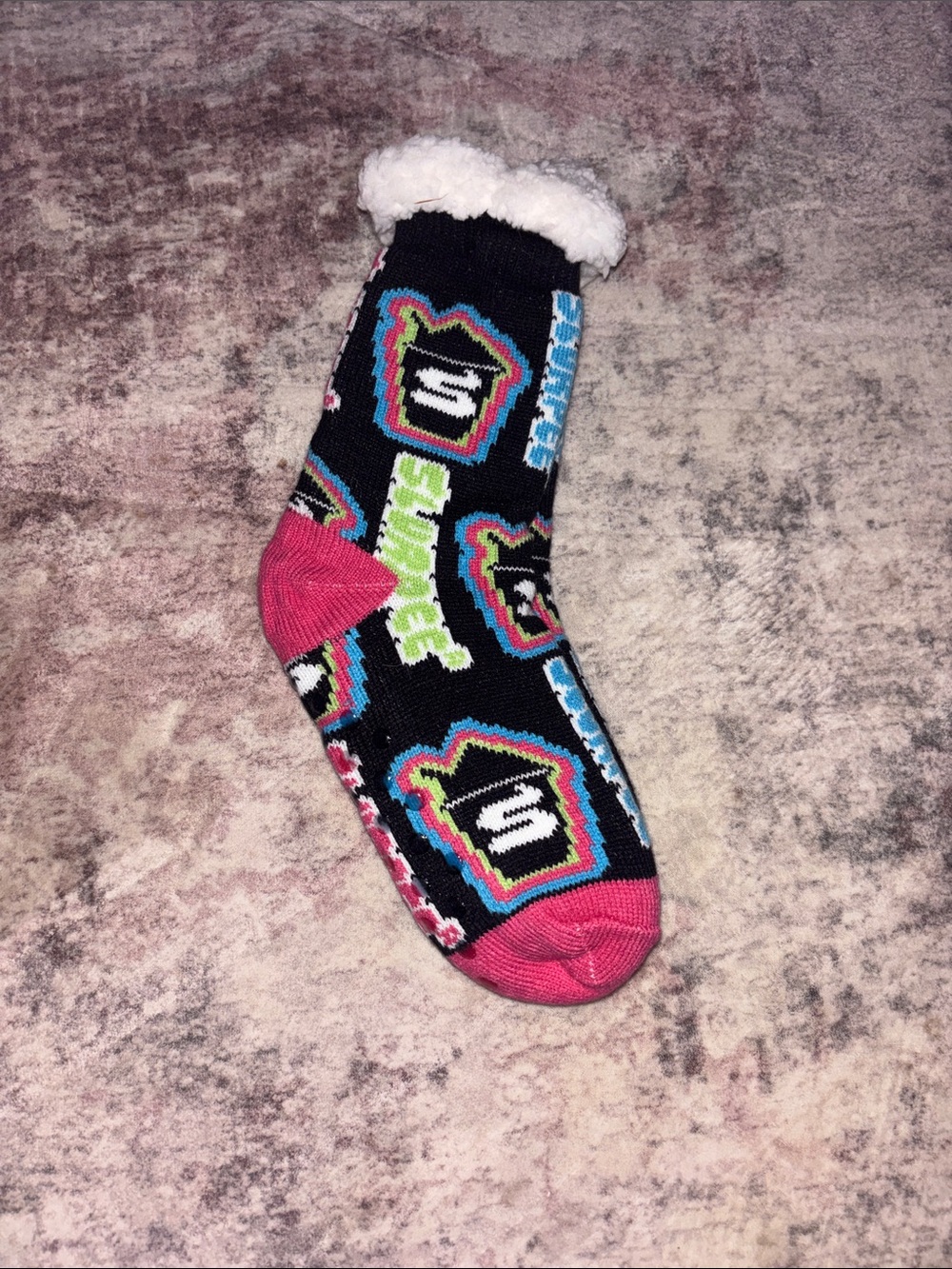 Cozy Black Slurpee Sherpa-Lined Fluffy Socks with Pink Accents